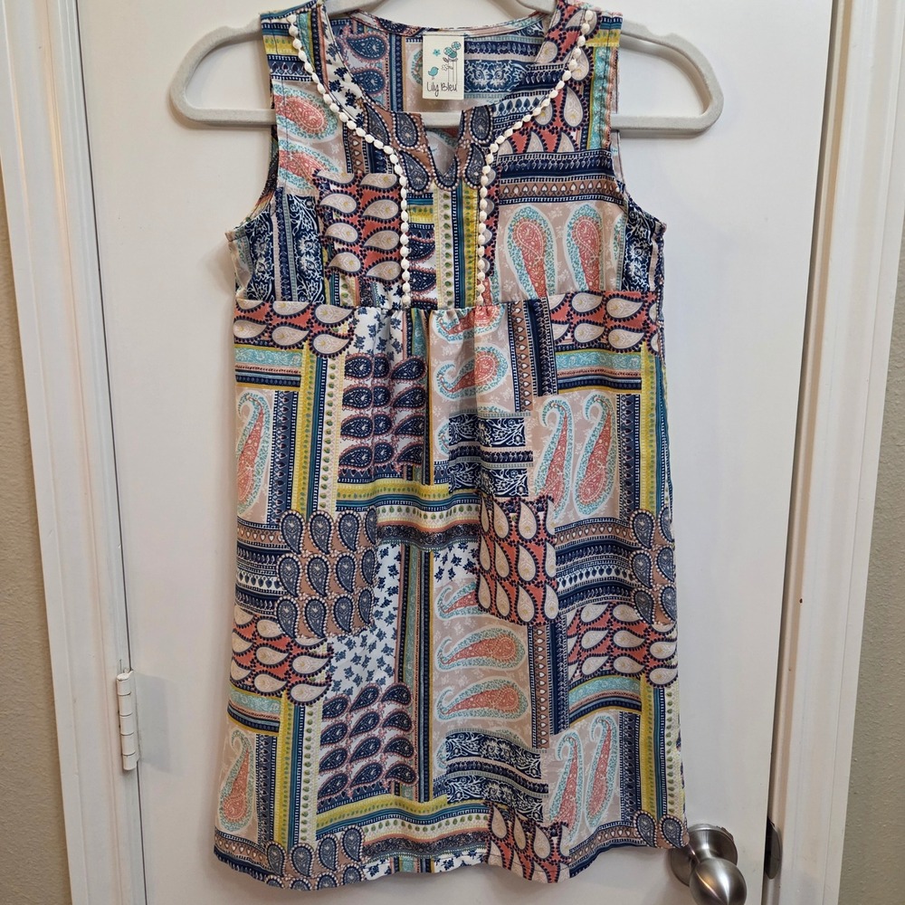 Lily Bleu Girls Size 12 Paisley Patchwork Sleeveless Pom Pom Trim Boho Dress